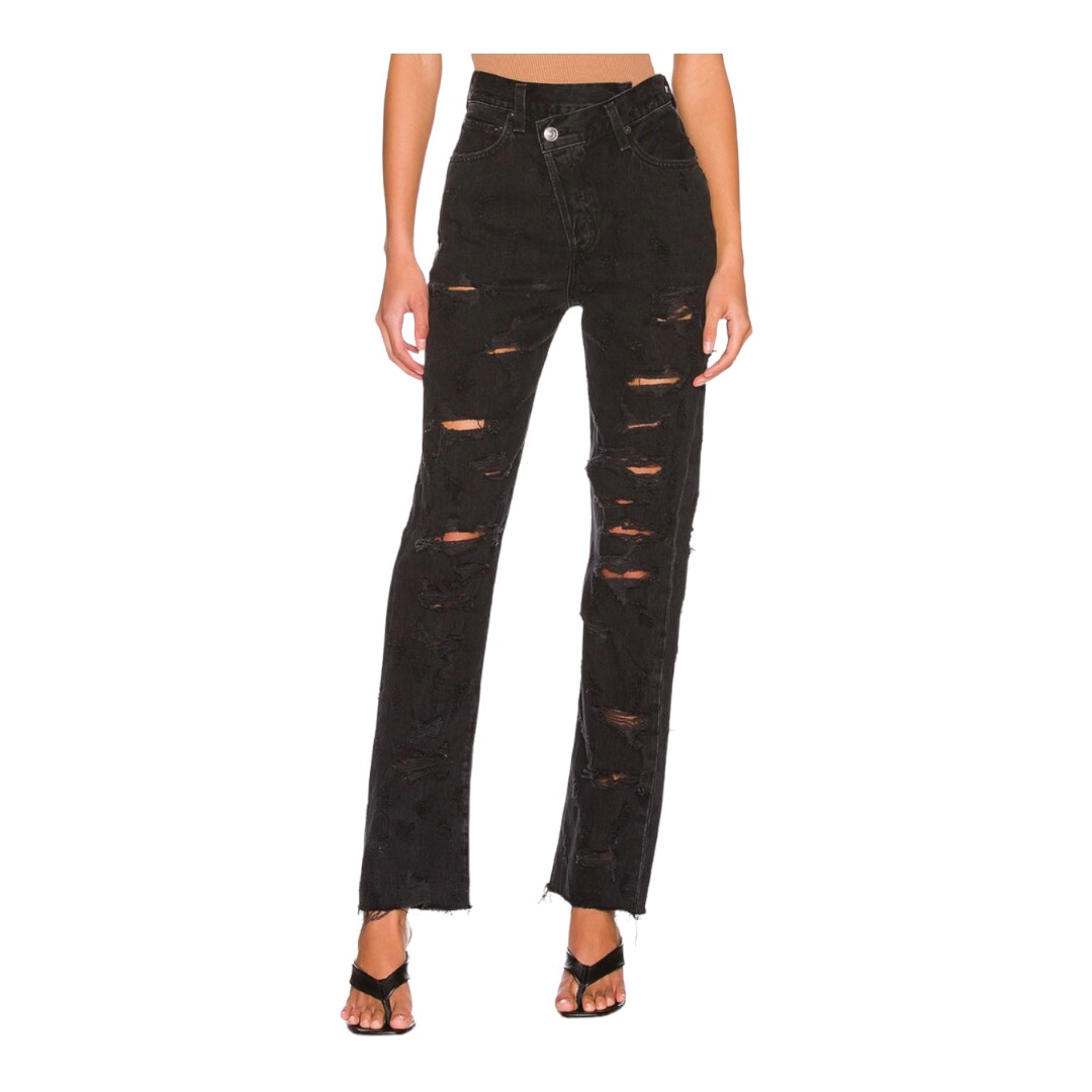 Agolde Distressed Criss Cross Jeans Black Women 26 Offset Button Closure